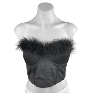 Fashion Nova Black Feather Sleeveless Strapless Corset Bustier Crop Top Size S